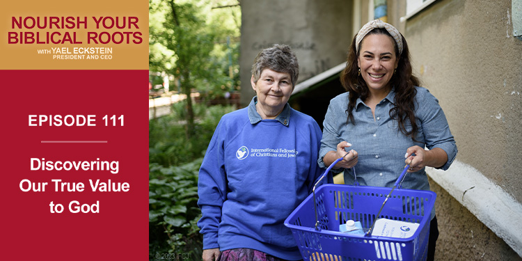 Nourish Your Biblical Roots podcast promo featuring Yael Eckstein walking with an elderly woman wearing an IFCJ crewneck.