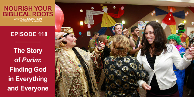 Nourish Your Biblical Roots Episode 118 promo featuring Yael dancing at a Purim celebration.
