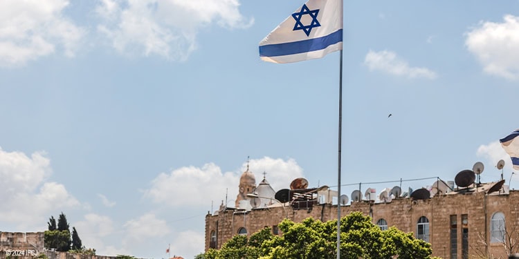 View of Israeli flag over the city