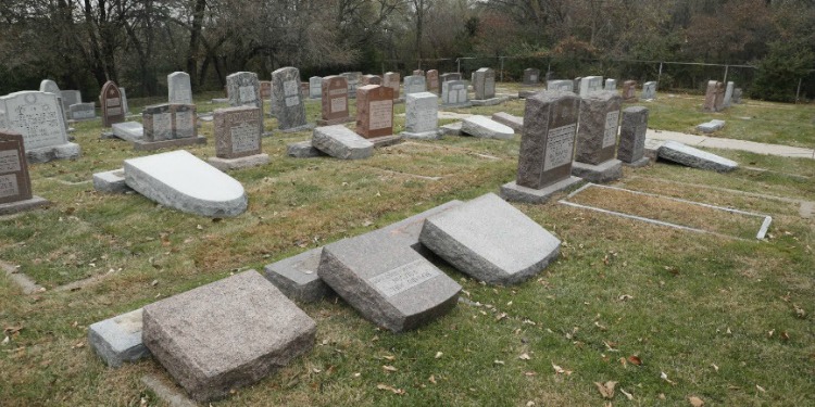 Toppled headstones at Jewish cemetery in Nebraska, November 2019
