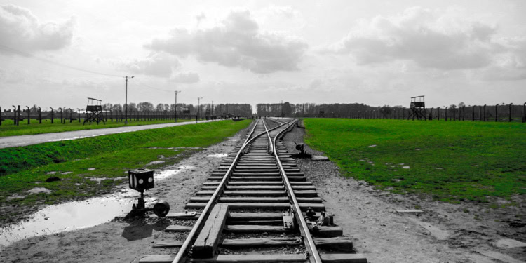 Railway tracks leading through the Auschwitz concentration camp, flanked by fencing and guard towers, under a cloudy sky.