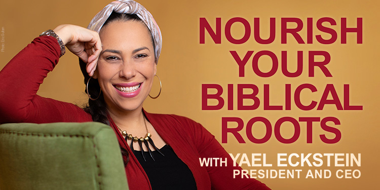 Yael Eckstein sitting on a green chair smiling for Nourish Your Biblical Roots promo.