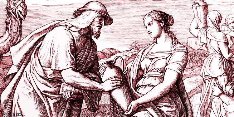 Red and white image of a man helping a woman carry a vase.