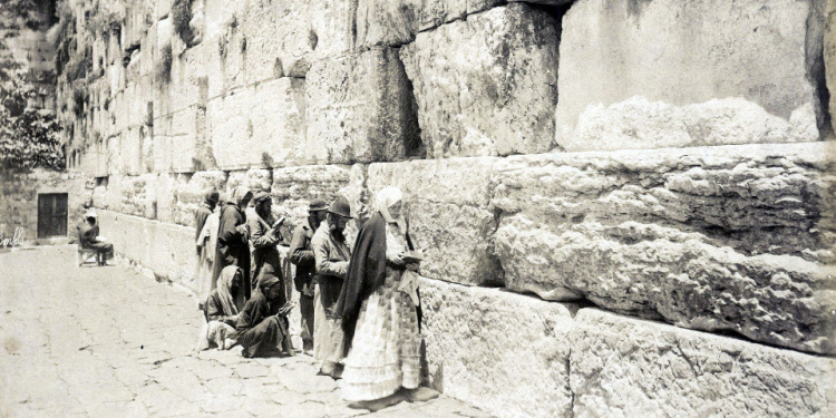 Jewish people worshiping, praying, and saying Amen at the Western Wall, 1880