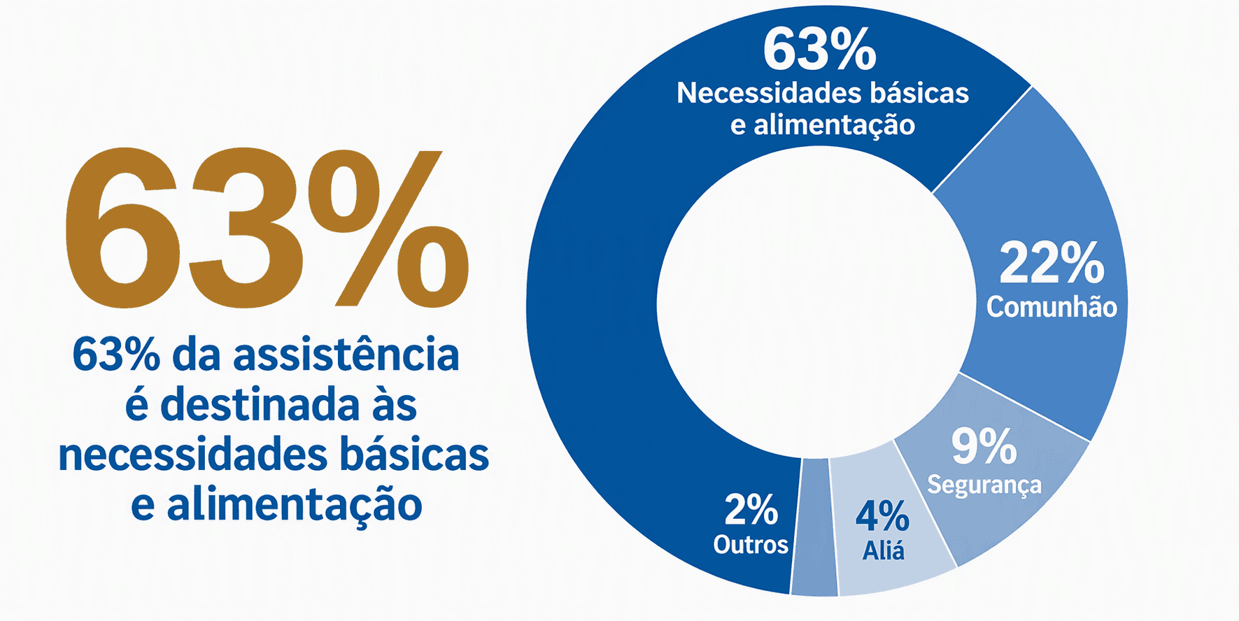 Infográfico da IFCJ que mostra que 63% da assistência é destinada a necessidades básicas e alimentação, com parcelas menores alocadas para bolsas de estudo (22%), segurança (9%), aliá (4%) e outras necessidades (2%).