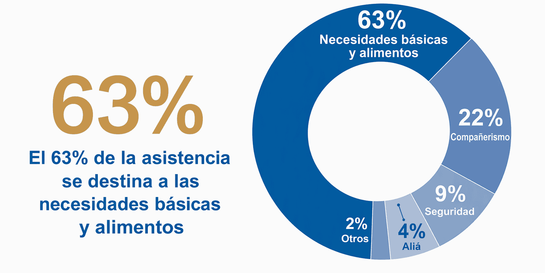 Infografía de la IFCJ que muestra que el 63 % de la ayuda se destina a necesidades básicas y alimentación, mientras que se asignan porcentajes menores a becas (22 %), seguridad (9 %), aliá (4 %) y otras necesidades (2 %).