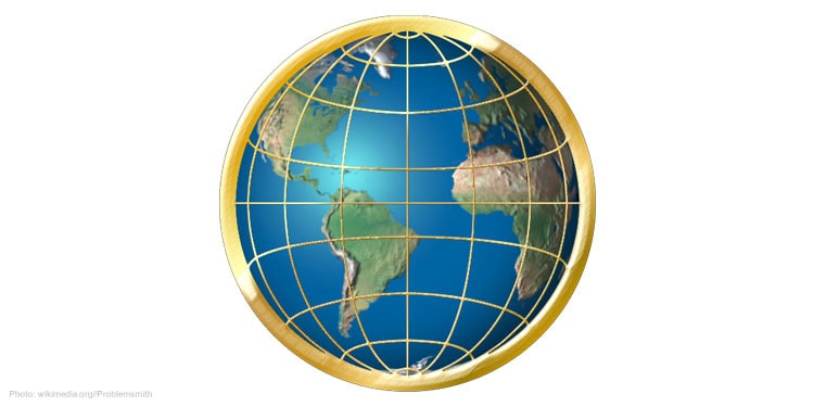 Planet earth ina gold ring with gold line-shaped grid