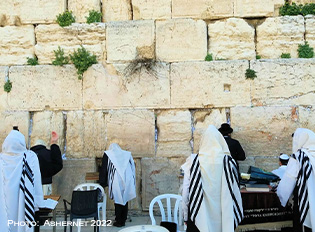 Jewish men in prayer shawls praying at the Western Wall