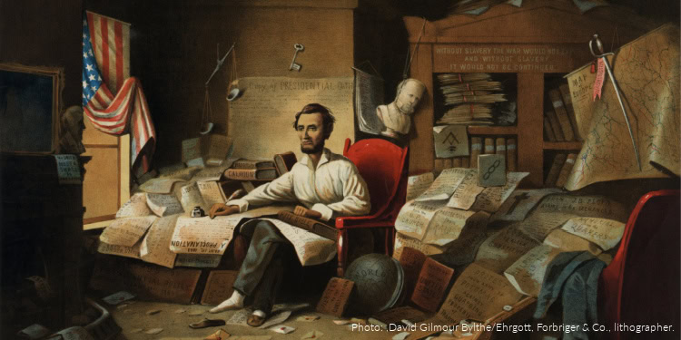 A print based on David Gilmour Blythe's fanciful painting of Lincoln writing the Emancipation Proclamation. Contrary to the title, the proclamation was issued in 1862 and went into effect in January 1863. In a cluttered study Lincoln sits in shirtsleeves and slippers, at work on the document near an open window. His left hand is placed on a Bible that rests on a copy of the Constitution in his lap. The scene is crammed with symbolic details and other meaningful references. A bust of Lincoln's strongly Unionist predecessor Andrew Jackson sits on a mantlepiece near the window at Lincoln's right. A bust of another former President, James Buchanan, who was widely viewed as ineffectual against secessionism, hangs by a rope around its neck from a bookcase behind Lincoln. The scales of justice appear in the left corner, and a railsplitter's maul lies on the floor at Lincoln's feet.
