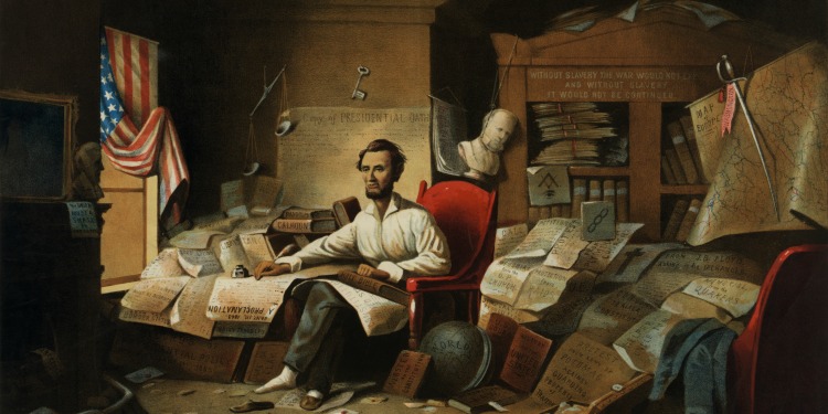 President Lincoln writing the Proclamation of Freedom.