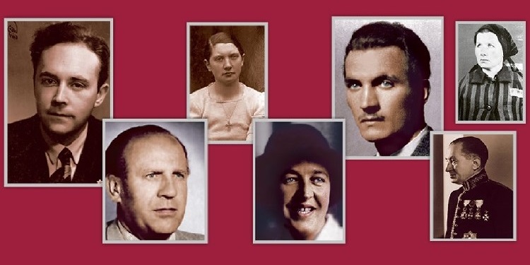 Collage of faces of famous Israelis against a red background.