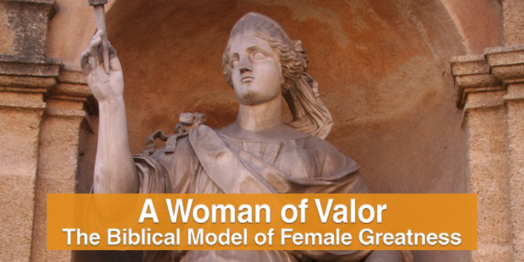 Statue of the Woman of Valor with a banner beneath the image.