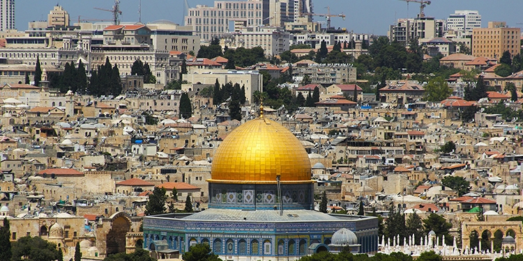 View of a temple and other buildings in Jerusalem.