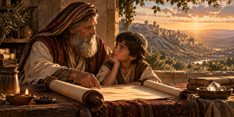 An elderly man and a young boy sharing a meaningful moment over a scroll with a scenic sunset and ancient city in the background.