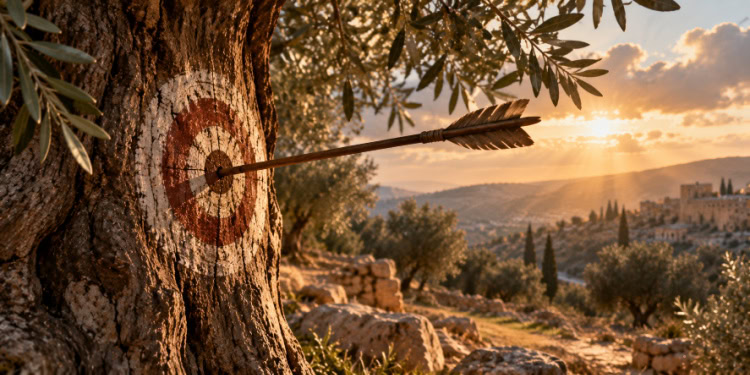 An archery target painted on a tree trunk with an arrow in the bullseye, set in a scenic landscape during sunset with rolling hills and trees.