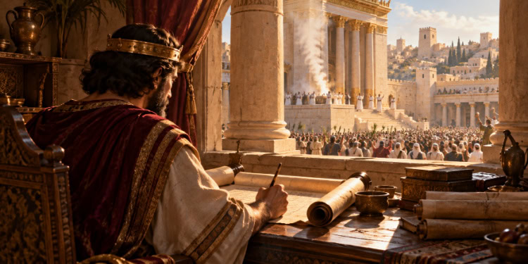 King Solomon writing Proverbs as people of Israel go from me to we in rejoicing together at Holy Temple in Jerusalem