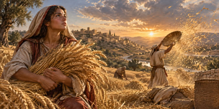A woman in traditional attire holding wheat in a field during sunset, with a village in the background, symbolizing harvest and community.