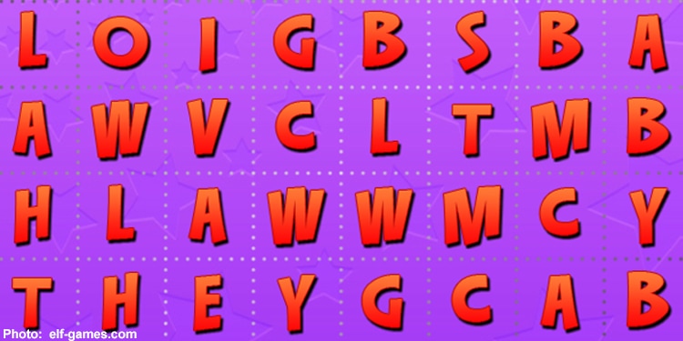 A close-up image of a word search with a purple background and orange letter