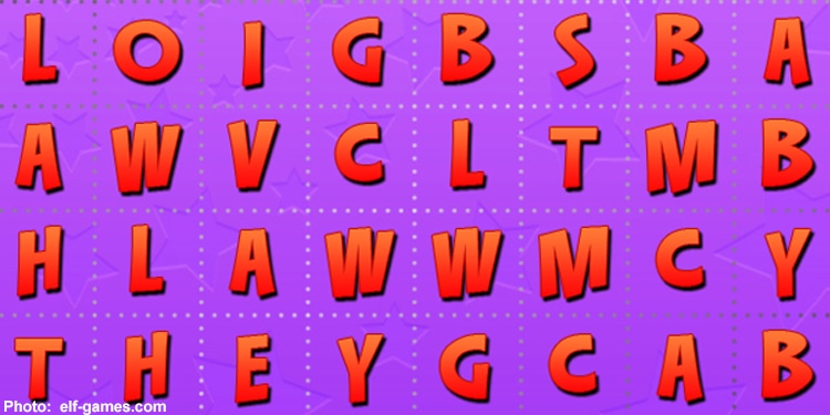 A close-up image of a word search with a purple background and orange letter