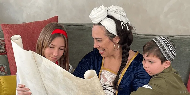 Jewish woman and children reading a Torah scroll together, celebrating faith and tradition at home.