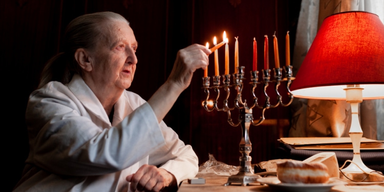 Elderly Jewish woman lighting the candles on her menorah.