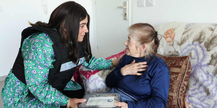 Maya, elderly Jewish woman from Ukraine, receiving care from The Fellowship during rocket attacks on Netivot, Israel, May 2023