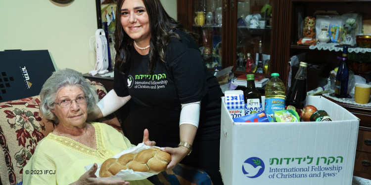 Natalya, a Holocaust survivor in Israel, receives a Fellowship food box for the High Holy Days