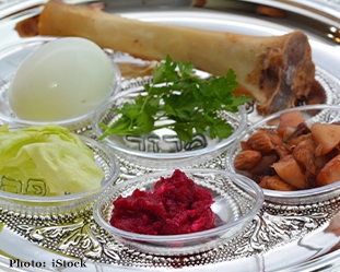 What Is the Seder Plate? - Seder plate with shank bone, egg, bitter herbs and other food items.