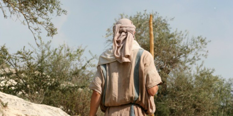 A shepherd walking in the desert with a walking stick.
