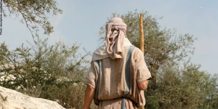 A shepherd walking in the desert with a walking stick.