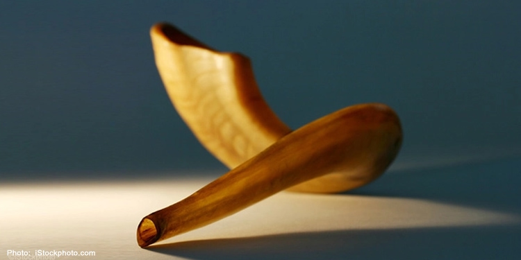 Close up image of a shofar on a table.