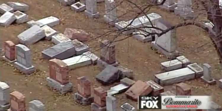 Aerial view of a Jewish cemetery that was vandalized in St. Louis.