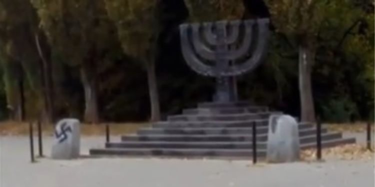 Swastika graffiti on Babi Yar Holocaust memorial, Ukraine