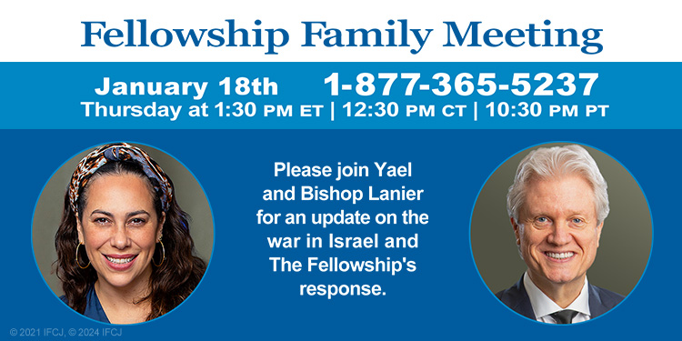 Promotion for Fellowship Family Meeting on January 18th, 2023 featuring Yael Eckstein and Bishop Lanier.