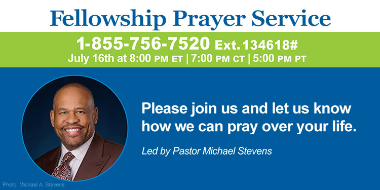 Fellowship Prayer Service flyer with contact info, date, and time for live prayer event led by Pastor Michael Stevens.