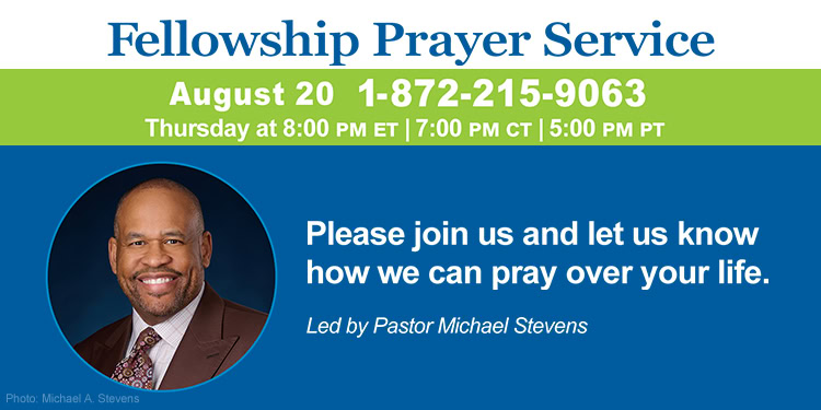 Graphics promo for Fellowship Prayer Service hosted by Pastor Michael Stevens on August 20, 2026