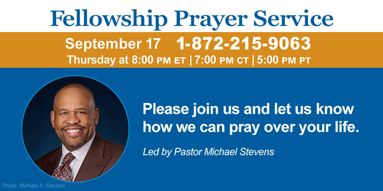 Fellowship Prayer Service flyer with date, time, and contact info, featuring Pastor Michael Stevens and a smiling man in a suit.