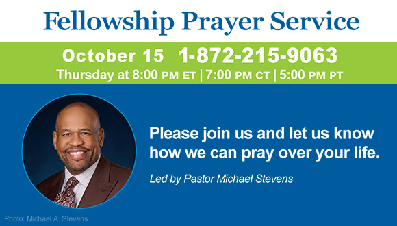 Fellowship Prayer Service flyer with date, time, and contact info, led by Pastor Michael Stevens, encouraging community prayer and support.