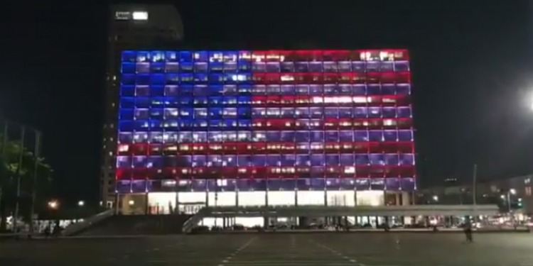 Tel Aviv City Hall Lit Up with American Flag