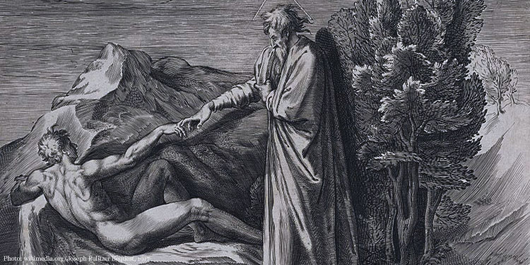 The Creation of Adam who reclines at left and touching the hand of God
