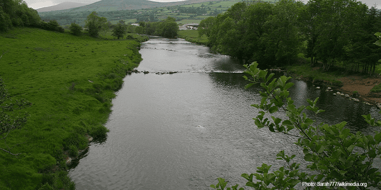 Peaceful river flowing through lush green landscape with trees and hills in the background, representing hope and renewal.