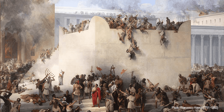 Chaotic scene of destruction with people fleeing and buildings damaged, illustrating the impact of conflict and violence.