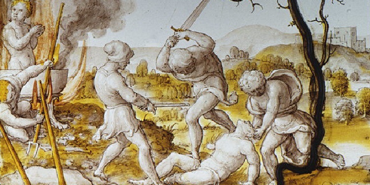 Painting of several people at battle.