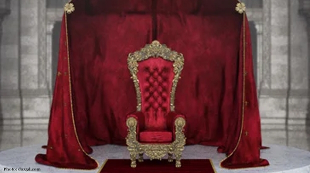 Ornamental set of a throne, canopy, and platform.