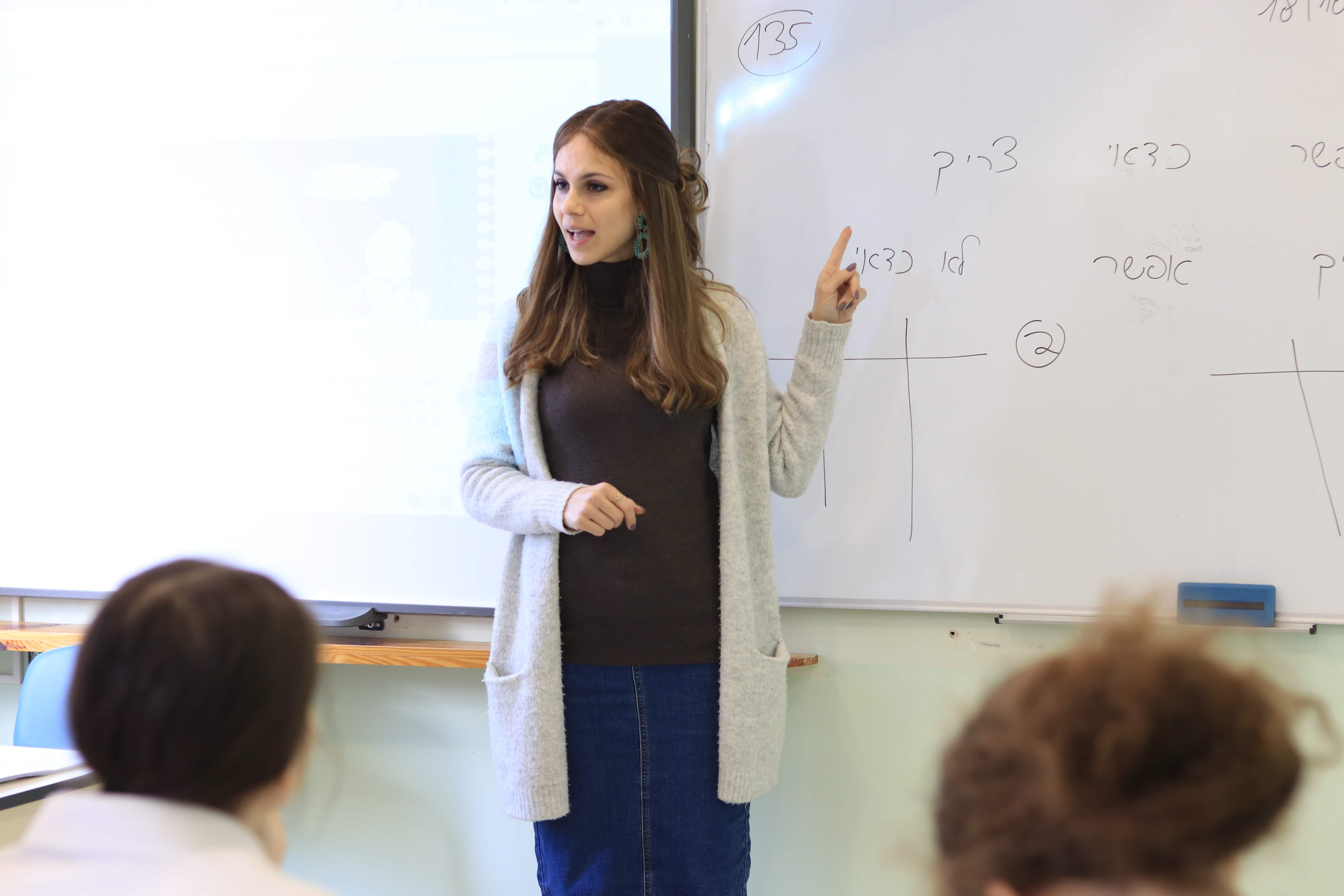Hebrew instructor teaching a class of students.