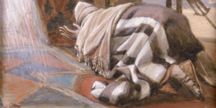 Painting of a man in a robe kneeling on the ground in the prayer position