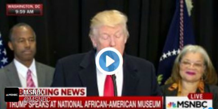 Screenshot of President Trump giving a speech at the National African American Museum on MSNBC news.