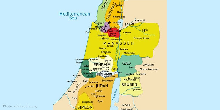 Map of the Twelve Tribes of Israel territories around 1200-1050 B.C. according to the Book of Joshua.