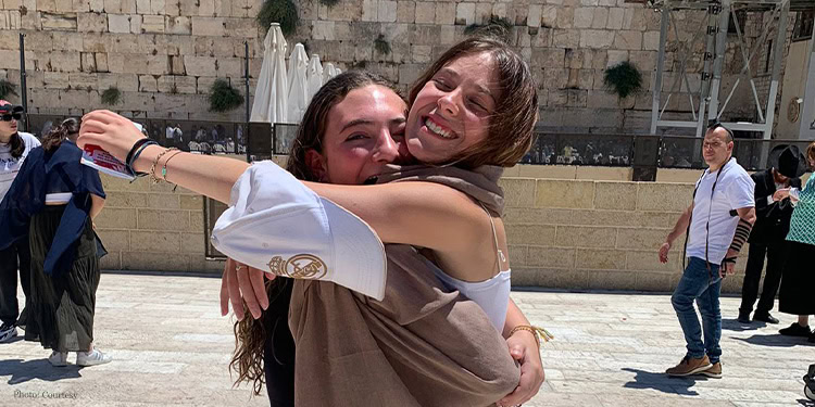 Two friends hugging in front of the Western Wall