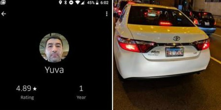 Two photo collage of a car and a screenshot of an uber driver's profile.